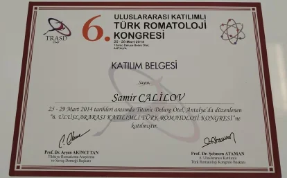 Samir Cəlilovun 6-cı Beynəlxalq İştiraklı Türk Revmatologiya Konqresi iştirak sertifikatı, 2014