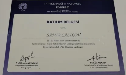 Samir Cəlilovun TFTR Derneği III Yay Məktəbi iştirak sertifikatı, 2014